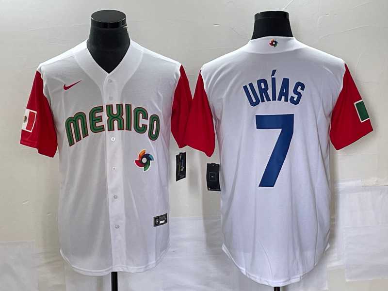 Men's Mexico Baseball #7 Julio Urias Number 2023 White Red World Classic Stitched Jersey7